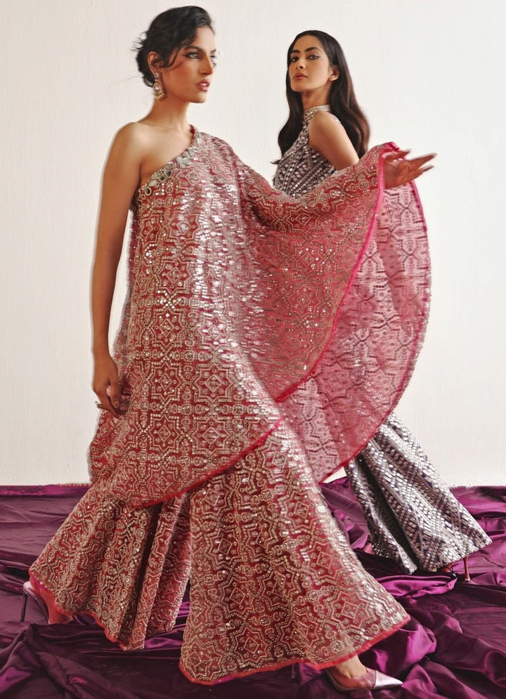 Pink Mirrorwork One Shoulder Cape Set Twenty Nine - Fabilicious Fashion
