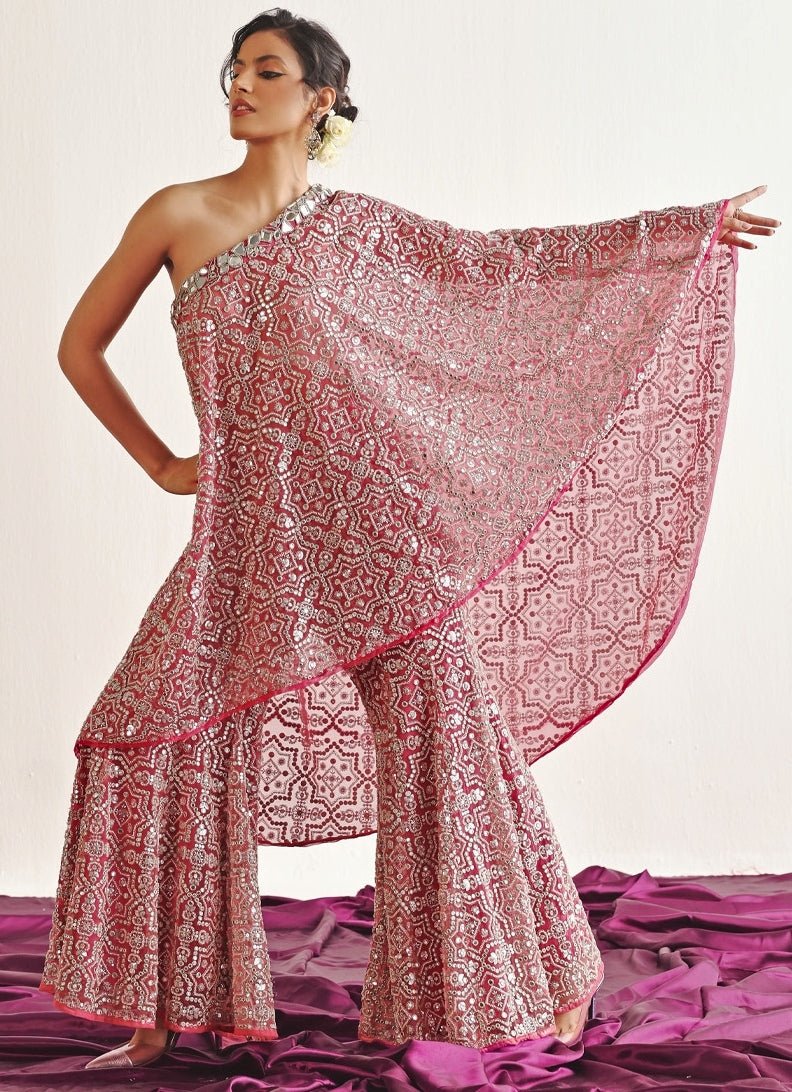 Pink Mirrorwork One Shoulder Cape Set Twenty Nine - Fabilicious Fashion