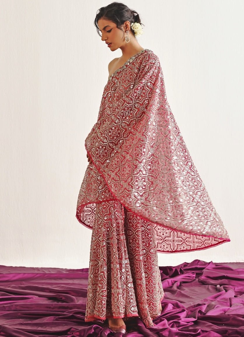 Pink Mirrorwork One Shoulder Cape Set Twenty Nine - Fabilicious Fashion