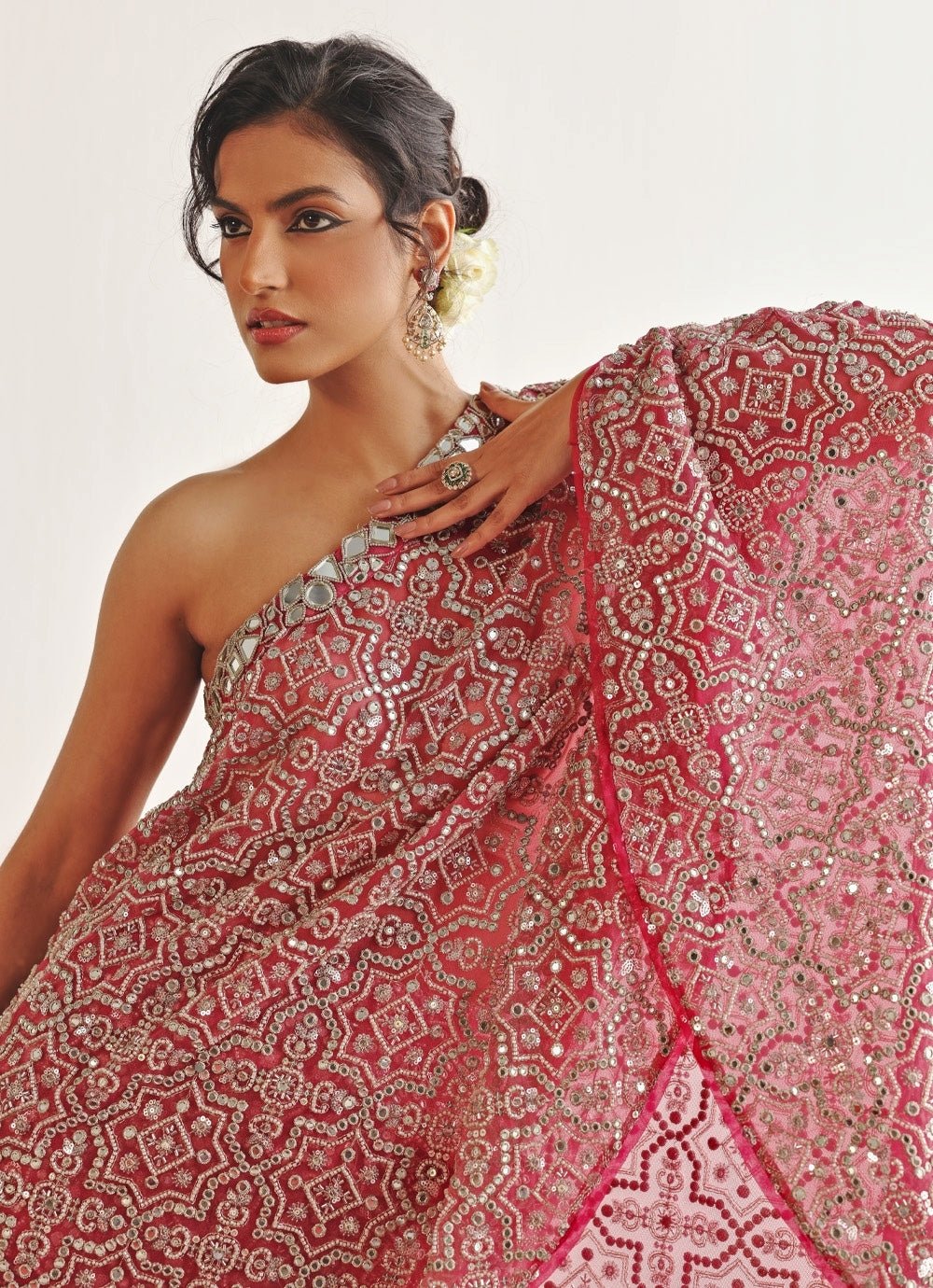 Pink Mirrorwork One Shoulder Cape Set Twenty Nine - Fabilicious Fashion