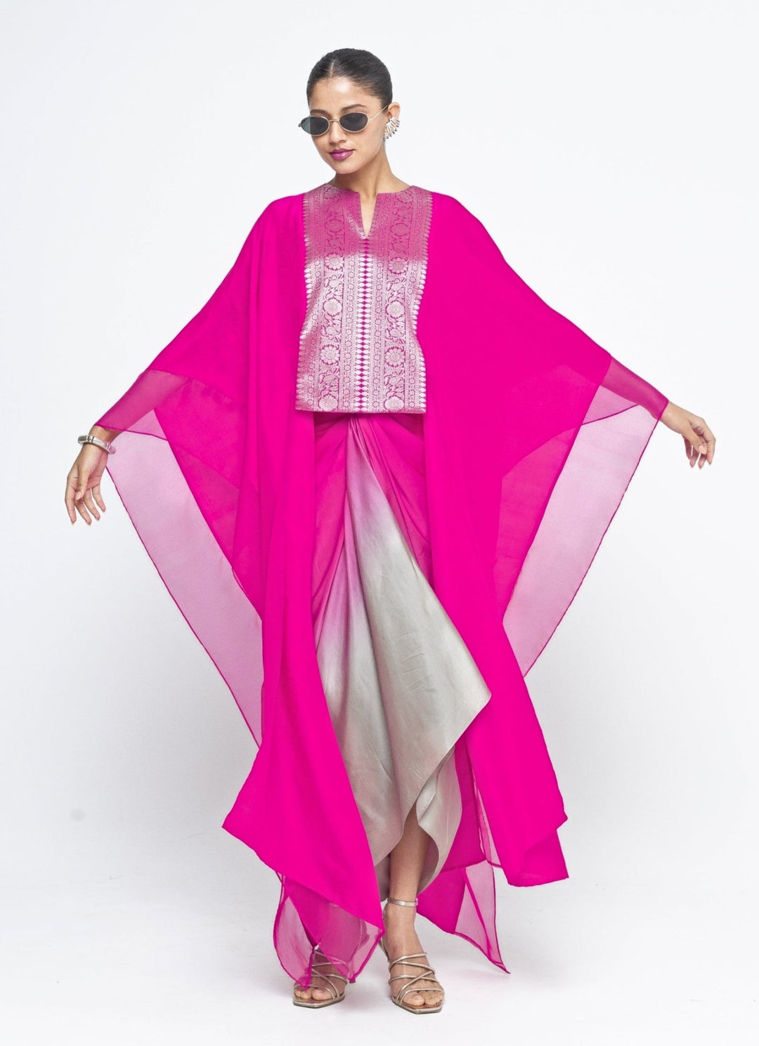 Pink Ombre Asymmetrical Tie Dress With Brocade Silk Cape Sobariko - Fabilicious Fashion