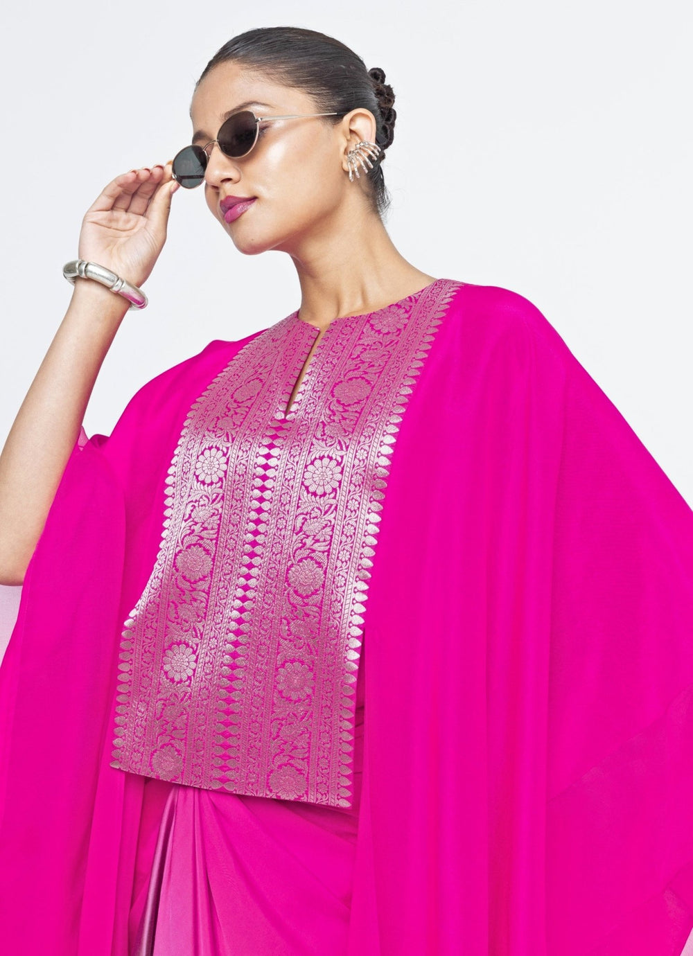 Pink Ombre Asymmetrical Tie Dress With Brocade Silk Cape Sobariko - Fabilicious Fashion