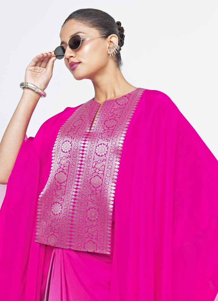 Pink Ombre Asymmetrical Tie Dress With Brocade Silk Cape Sobariko - Fabilicious Fashion