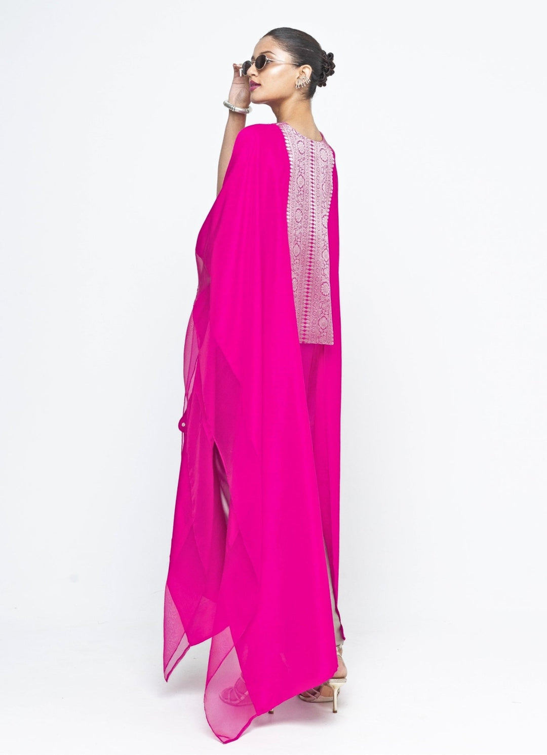 Pink Ombre Asymmetrical Tie Dress With Brocade Silk Cape Sobariko - Fabilicious Fashion
