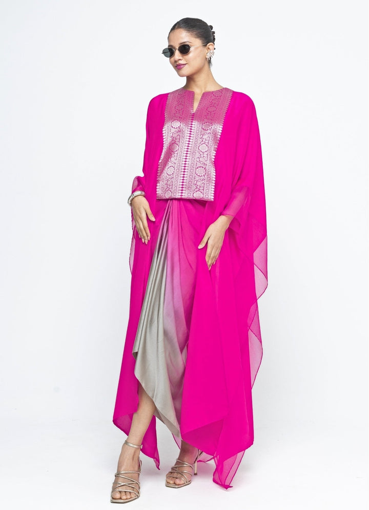 Pink Ombre Asymmetrical Tie Dress With Brocade Silk Cape Sobariko - Fabilicious Fashion
