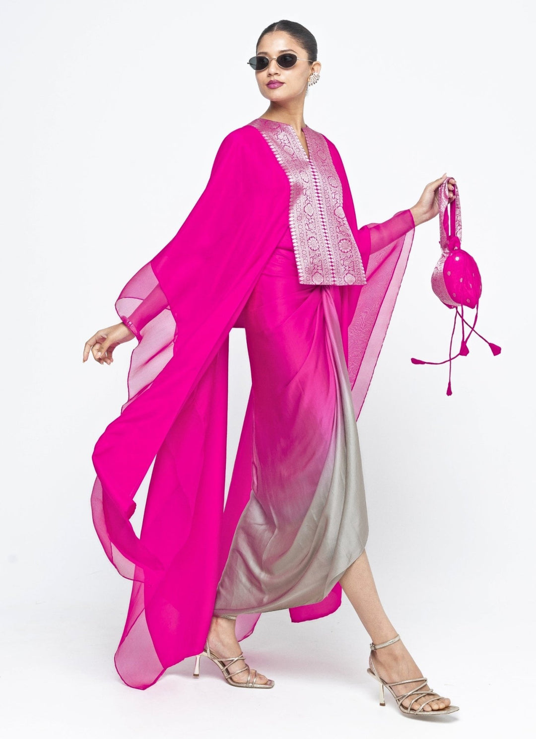 Pink Ombre Asymmetrical Tie Dress With Brocade Silk Cape Sobariko - Fabilicious Fashion