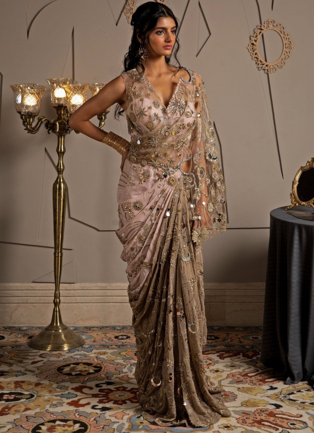 Pink Ombre Georgette Embroidered Predraped Saree Set Moledro - Fabilicious Fashion