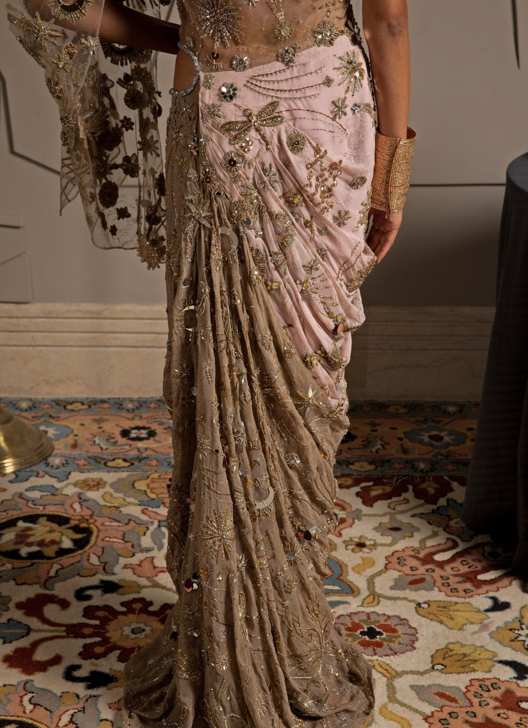 Pink Ombre Georgette Embroidered Predraped Saree Set Moledro - Fabilicious Fashion