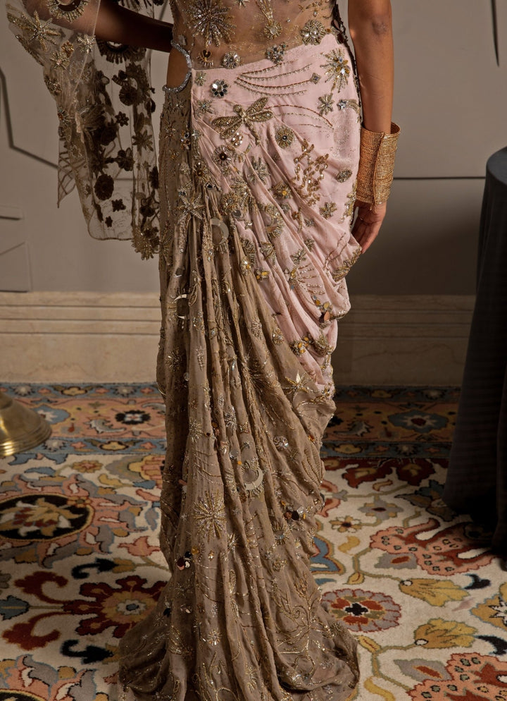 Pink Ombre Georgette Embroidered Predraped Saree Set Moledro - Fabilicious Fashion