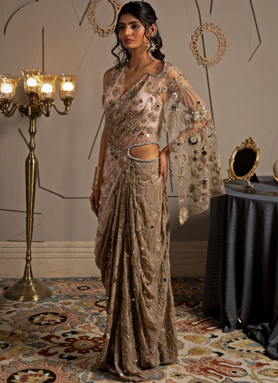 Pink Ombre Georgette Embroidered Predraped Saree Set Moledro - Fabilicious Fashion