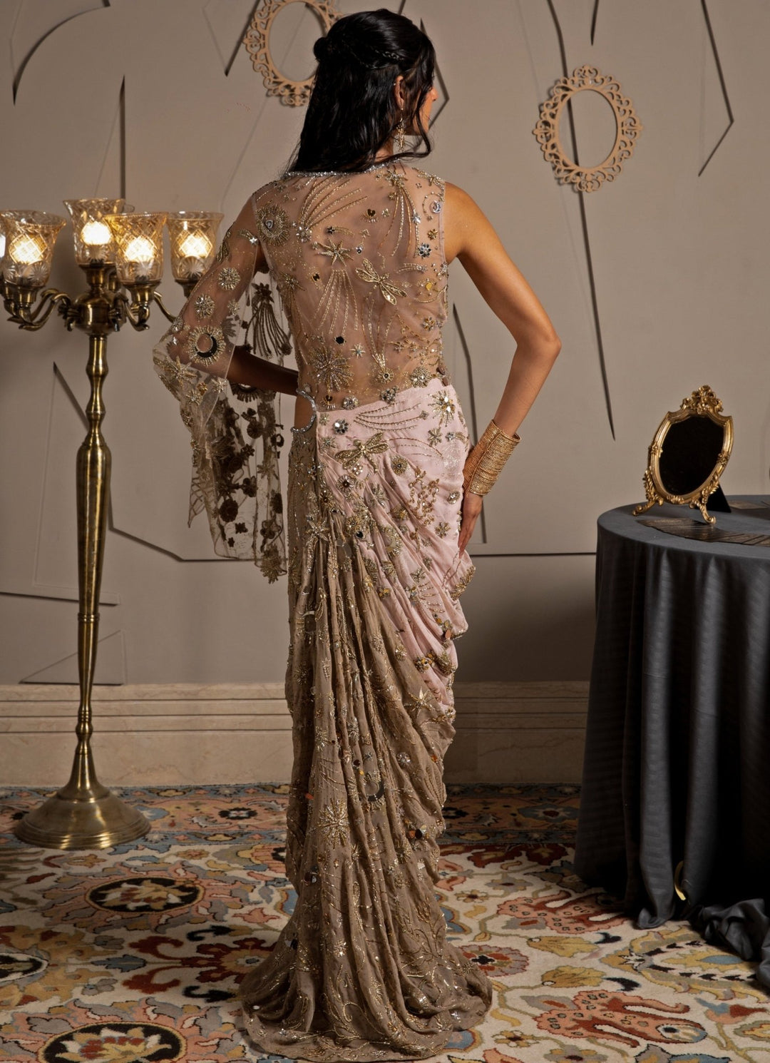 Pink Ombre Georgette Embroidered Predraped Saree Set Moledro - Fabilicious Fashion