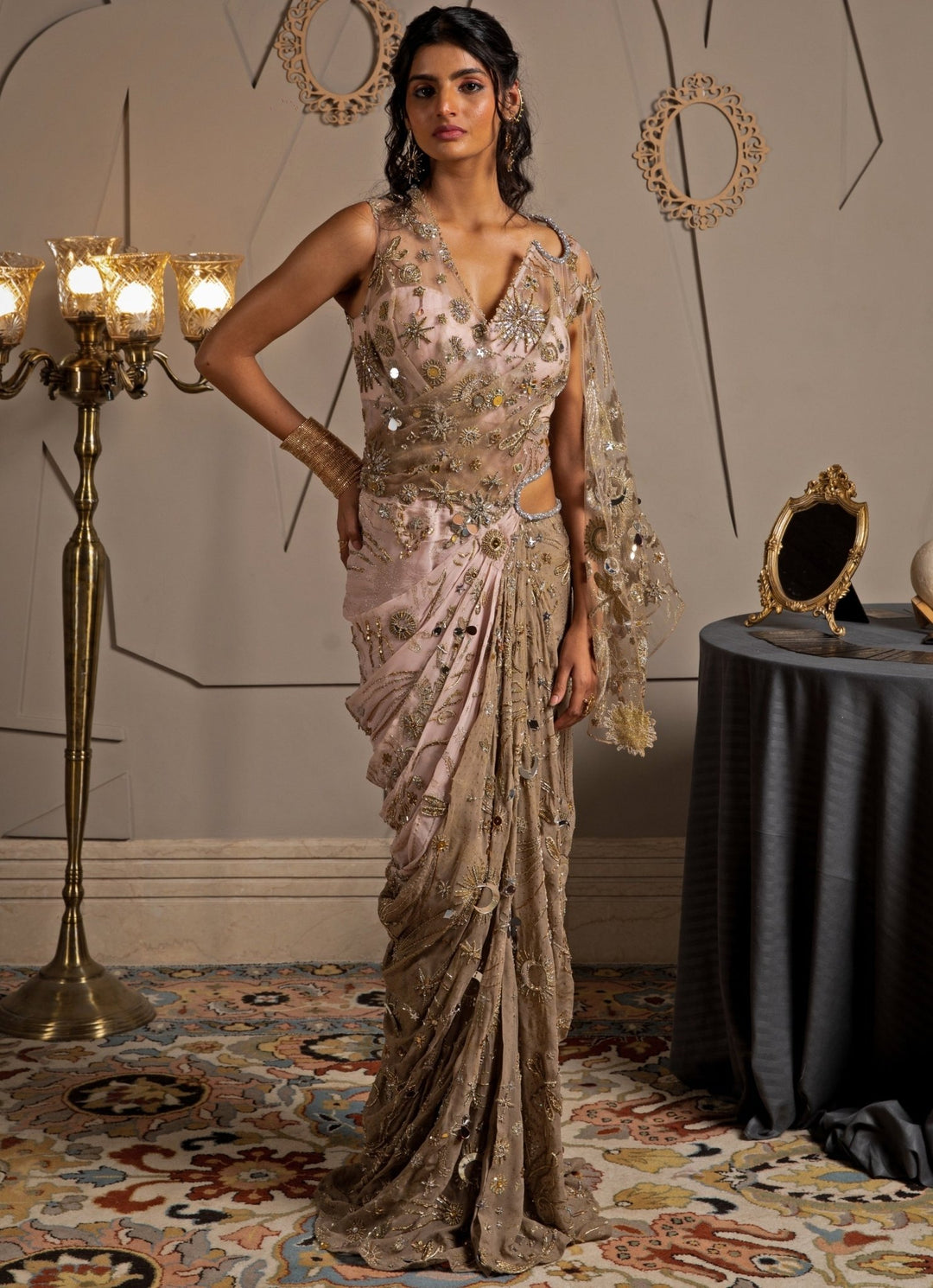 Pink Ombre Georgette Embroidered Predraped Saree Set Moledro - Fabilicious Fashion