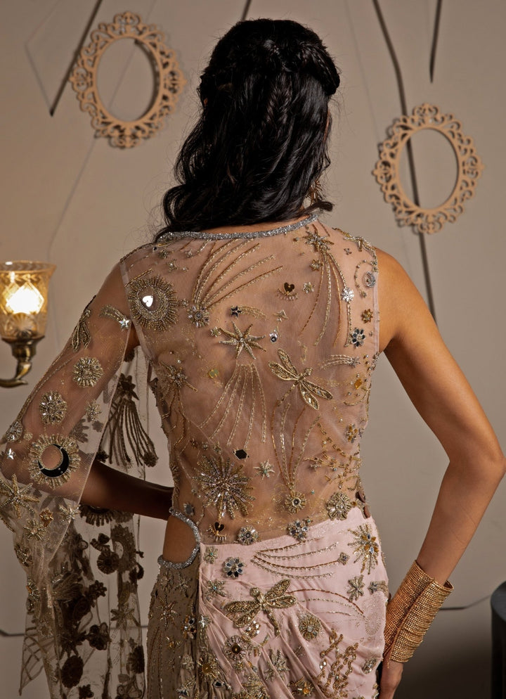Pink Ombre Georgette Embroidered Predraped Saree Set Moledro - Fabilicious Fashion