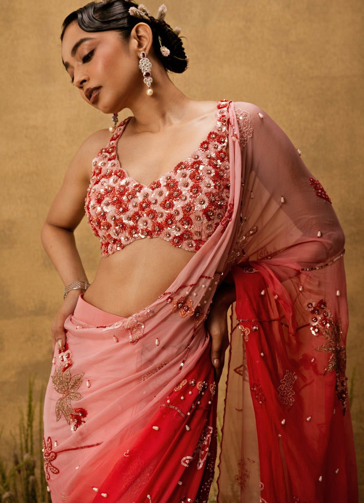 Quench A Thirst Pink Ombre Predraped Organza SareeFabilicious Fashion