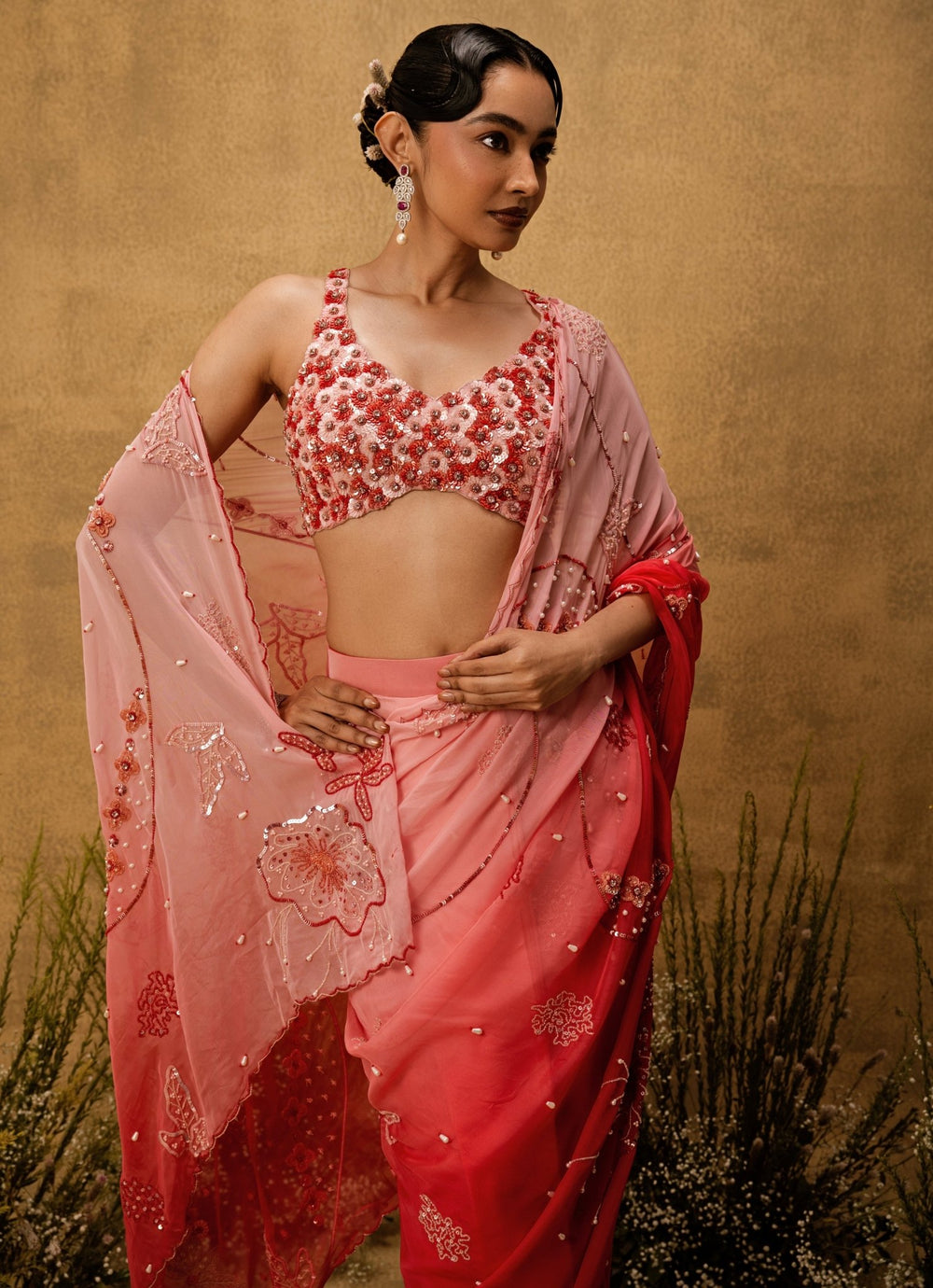 Quench A Thirst Pink Ombre Predraped Organza SareeFabilicious Fashion