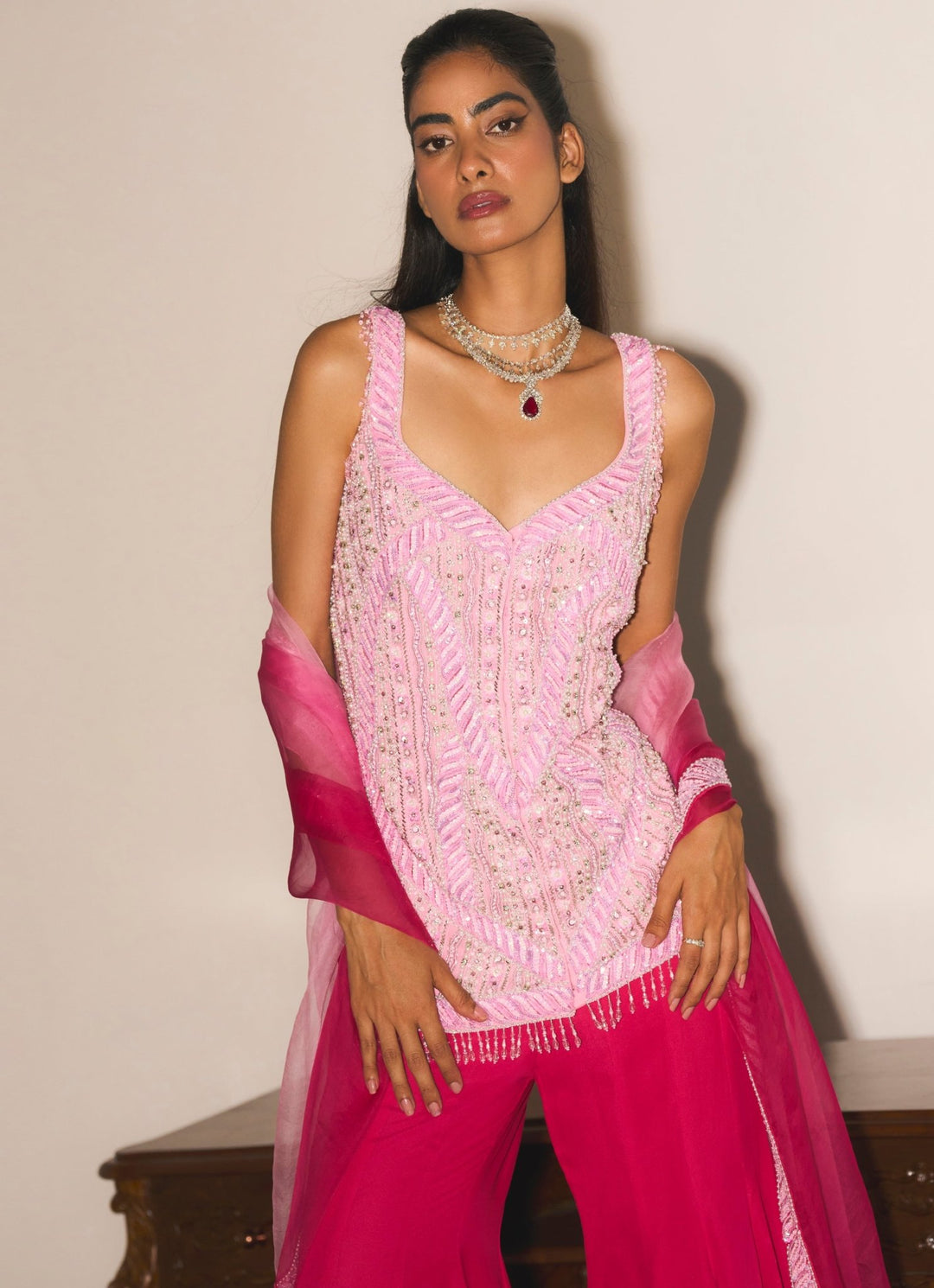 Pink Ombre Sequins Embroidered Kurta Sharara Set Mani Bhatia - Fabilicious Fashion