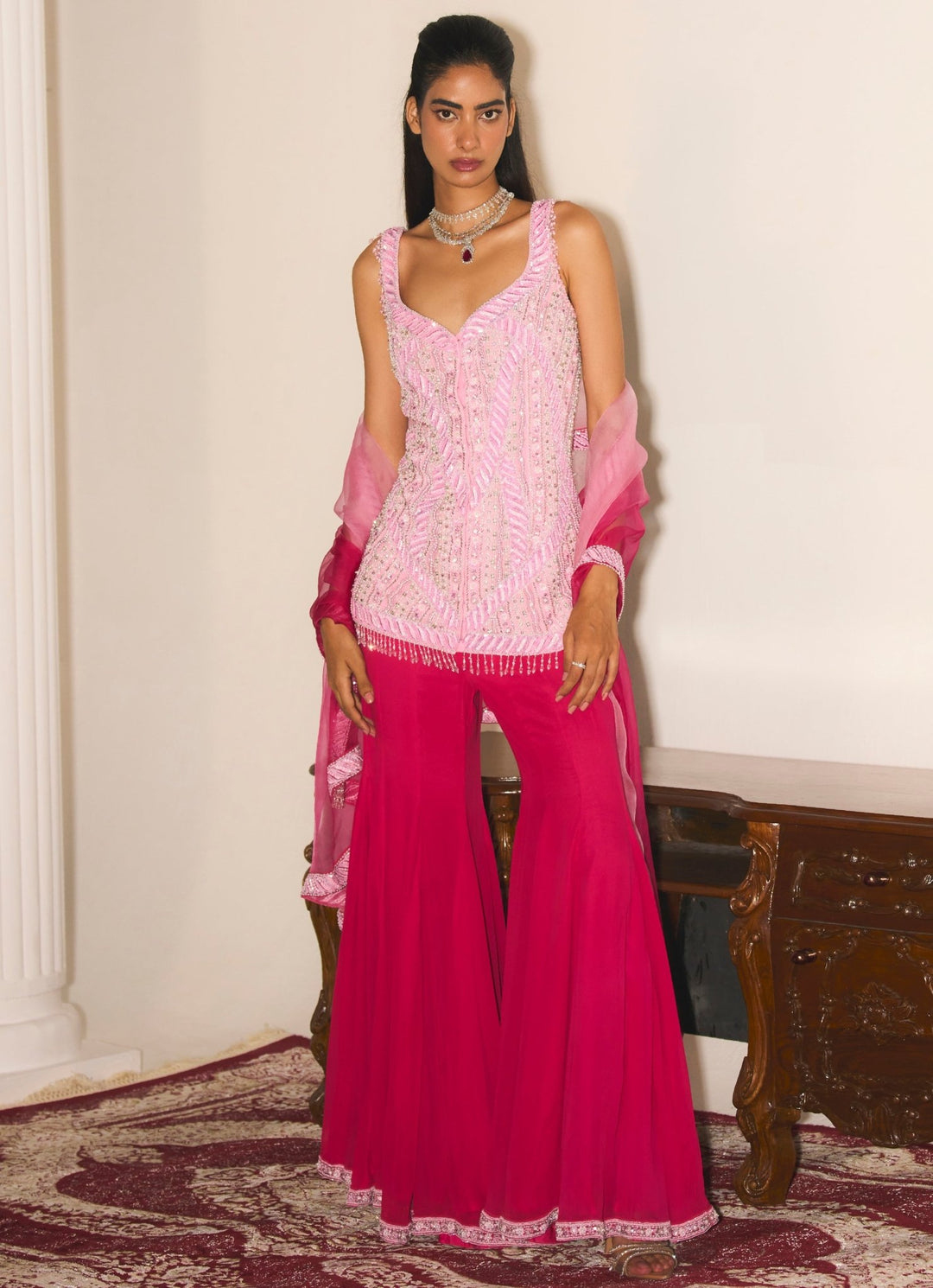 Pink Ombre Sequins Embroidered Kurta Sharara Set Mani Bhatia - Fabilicious Fashion