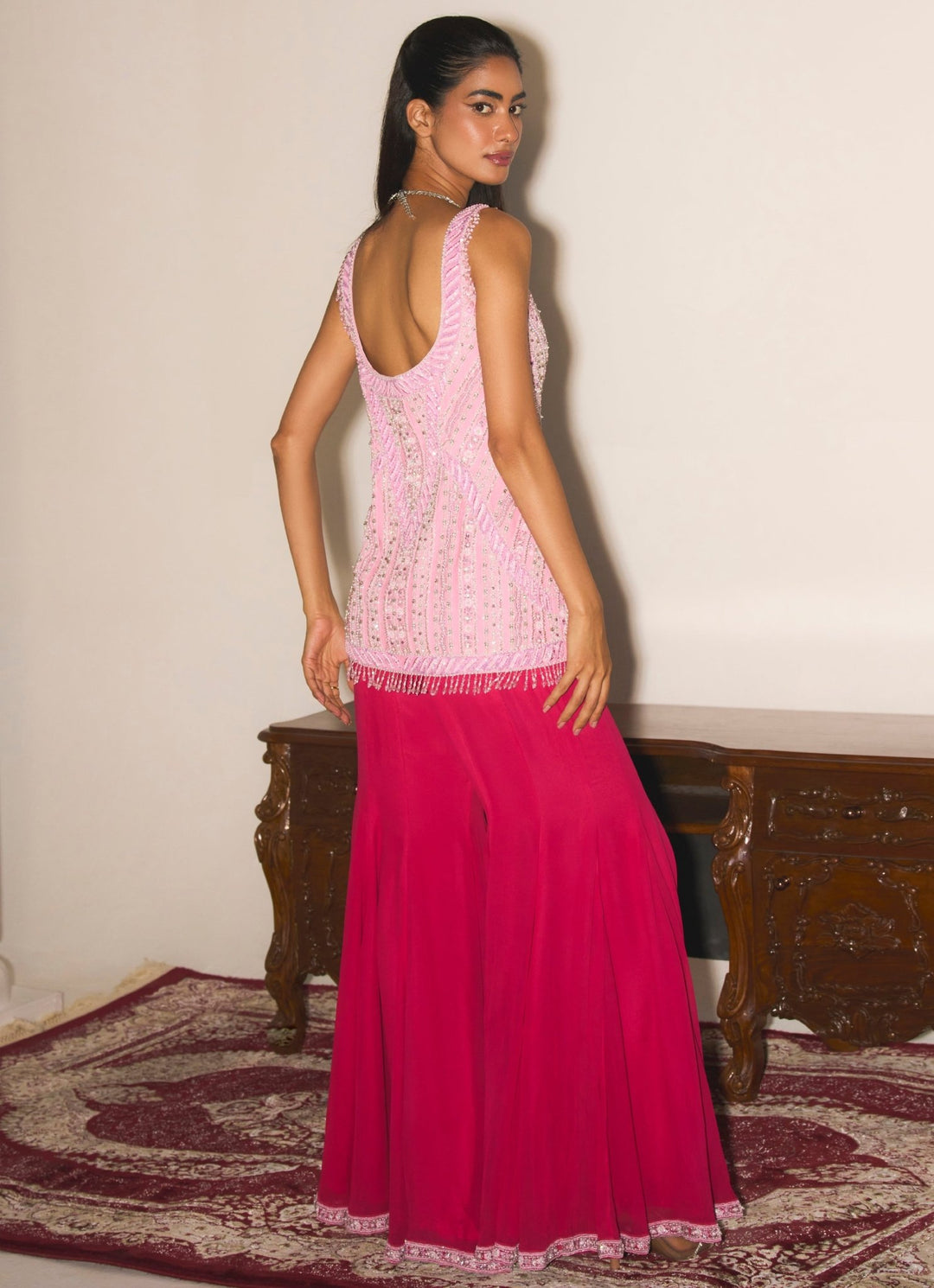 Pink Ombre Sequins Embroidered Kurta Sharara Set Mani Bhatia - Fabilicious Fashion