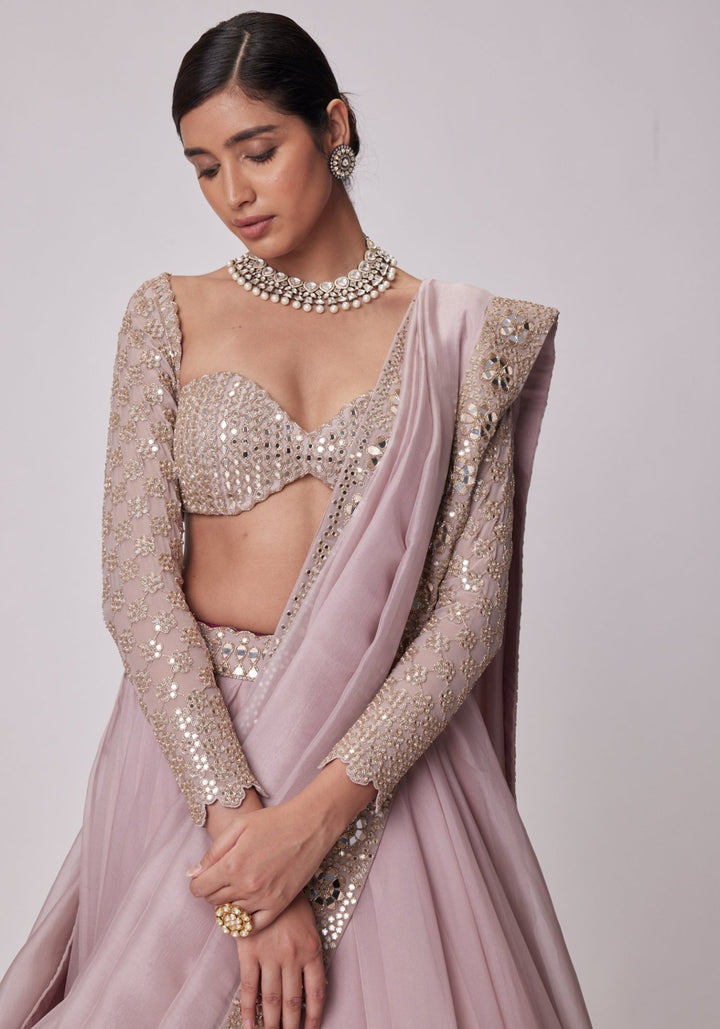 Pink Organza Lehenga With Embroidered Full Sleeves Blouse Vvani by Vani Vats - Fabilicious Fashion