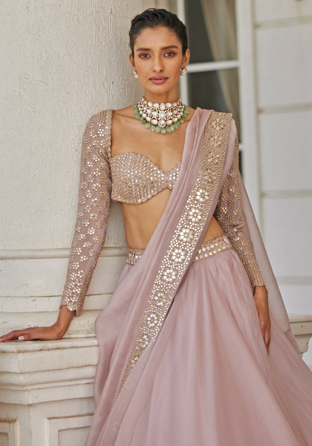 Pink Organza Lehenga With Embroidered Full Sleeves Blouse Vvani by Vani Vats - Fabilicious Fashion