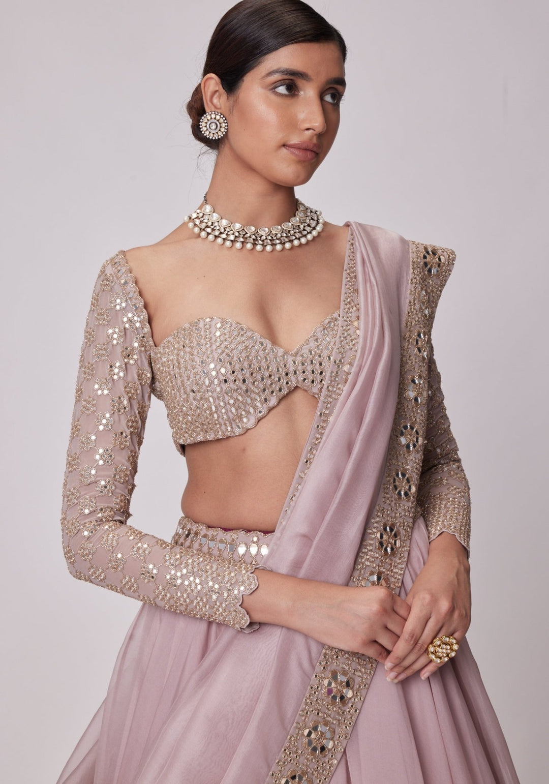Pink Organza Lehenga With Embroidered Full Sleeves Blouse Vvani by Vani Vats - Fabilicious Fashion