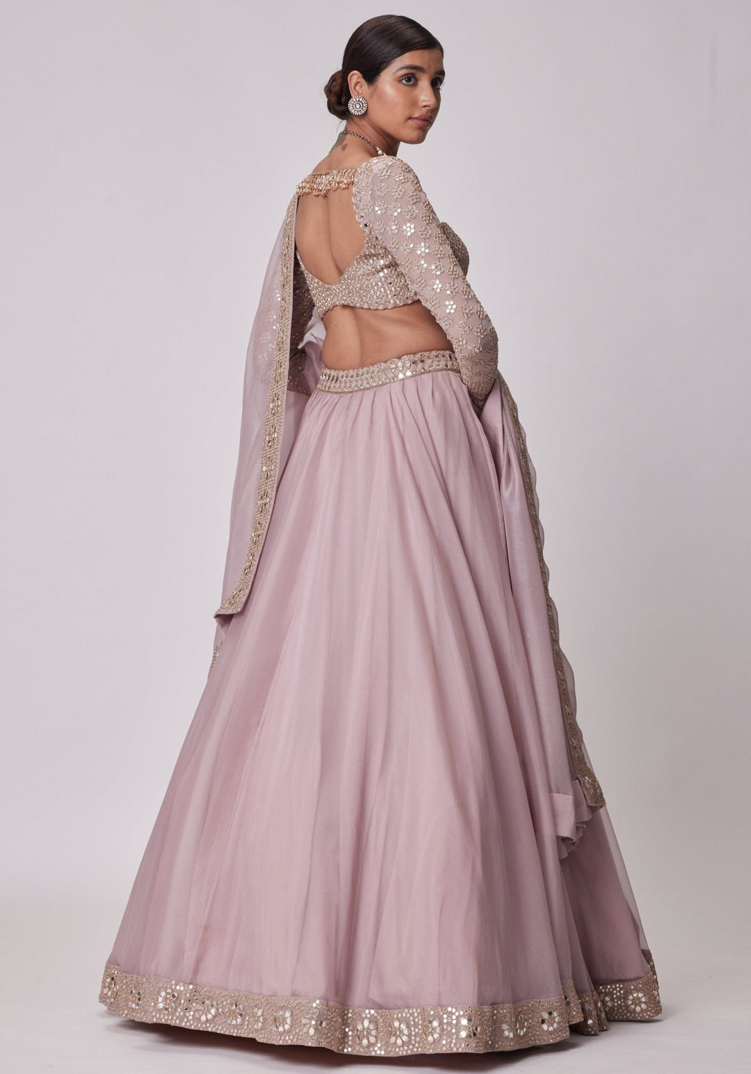 Pink Organza Lehenga With Embroidered Full Sleeves Blouse Vvani by Vani Vats - Fabilicious Fashion