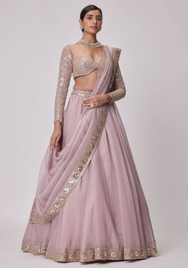 Pink Organza Lehenga With Embroidered Full Sleeves Blouse Vvani by Vani Vats - Fabilicious Fashion