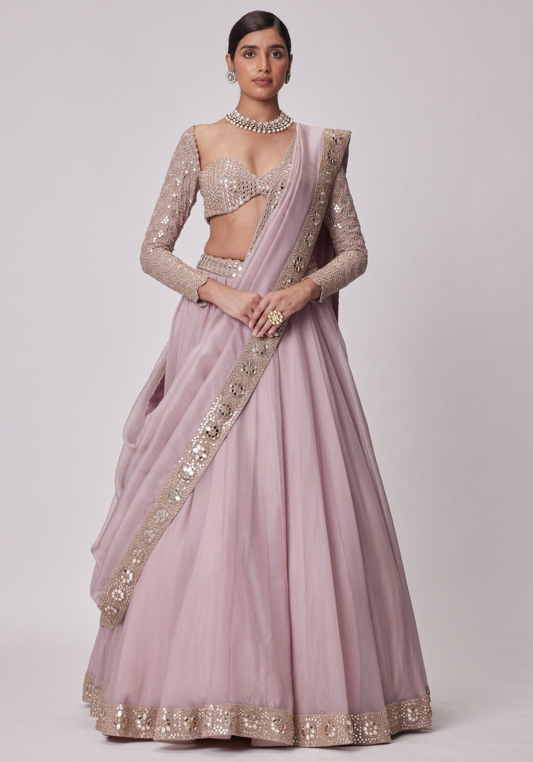 Pink Organza Lehenga With Embroidered Full Sleeves Blouse Vvani by Vani Vats - Fabilicious Fashion