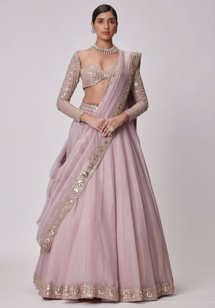 Pink Organza Lehenga With Embroidered Full Sleeves Blouse Vvani by Vani Vats - Fabilicious Fashion