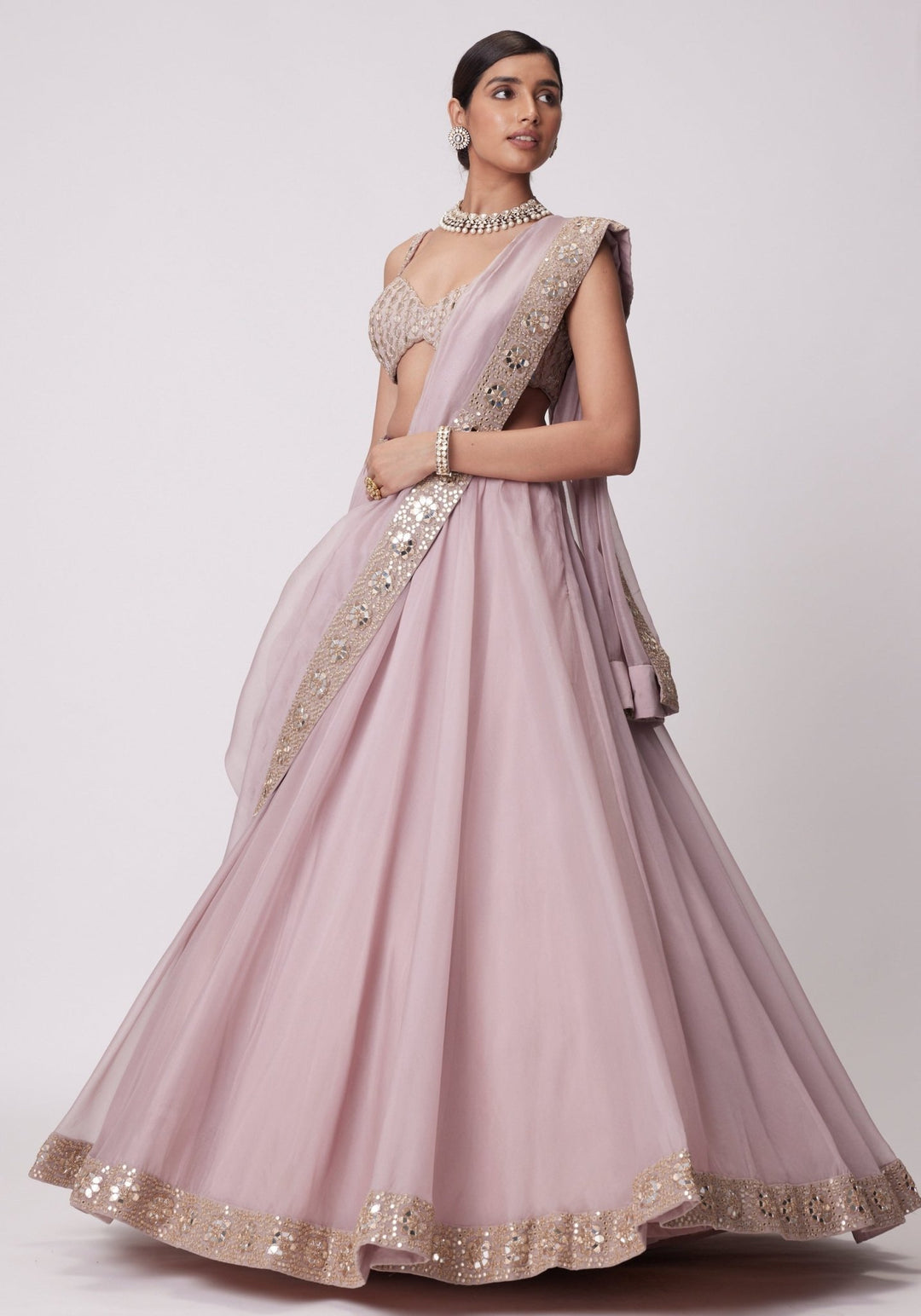 Pink Organza Lehenga With Sleeveless Embroidered Blouse Vvani by Vani Vats - Fabilicious Fashion