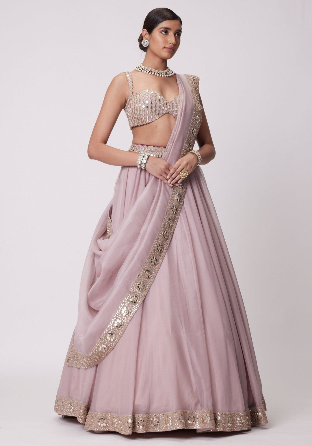 Pink Organza Lehenga With Sleeveless Embroidered Blouse Vvani by Vani Vats - Fabilicious Fashion