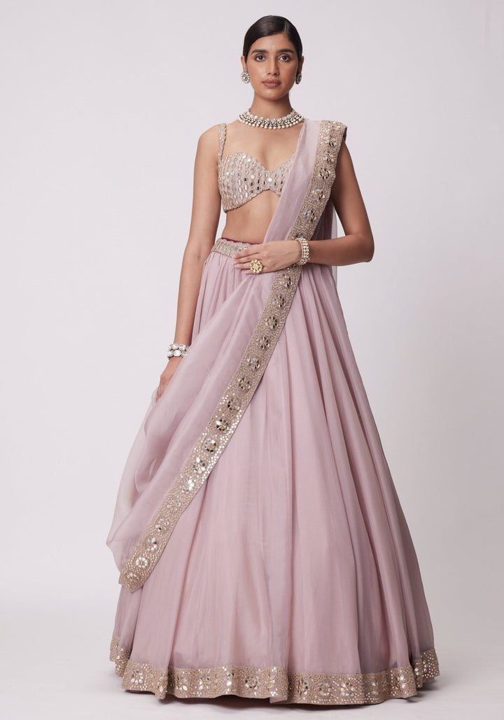 Pink Organza Lehenga With Sleeveless Embroidered Blouse Vvani by Vani Vats - Fabilicious Fashion