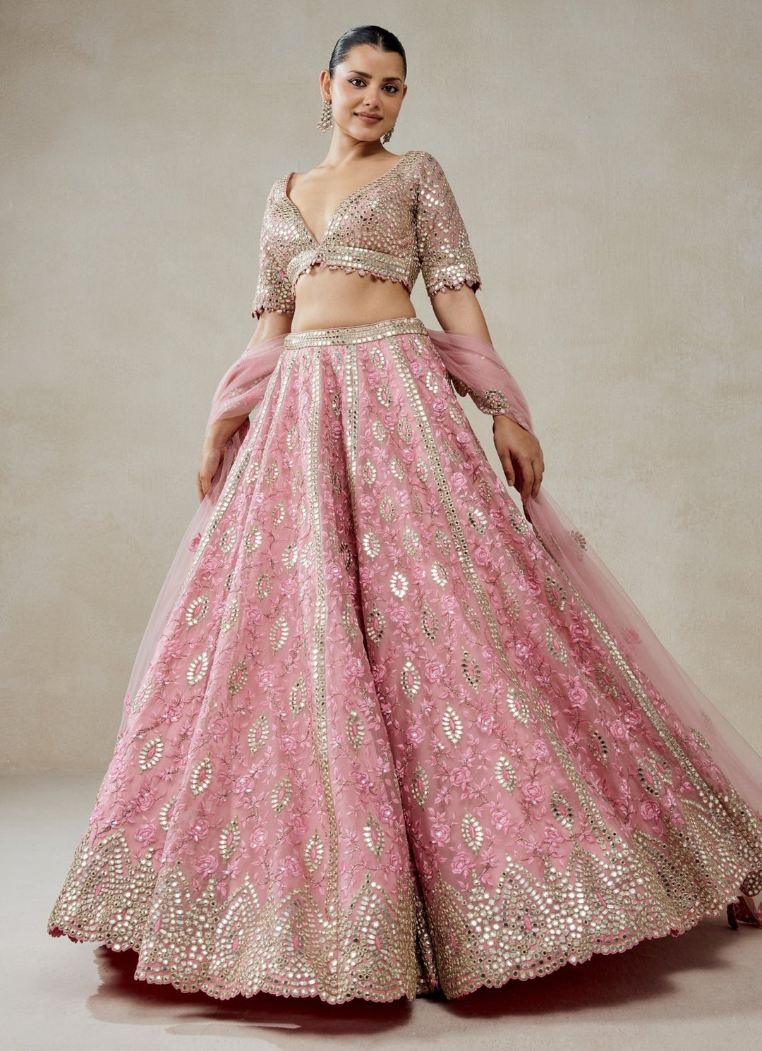 Pink Organza Mirror Work Lehenga Set Nitika Gujral - Fabilicious Fashion