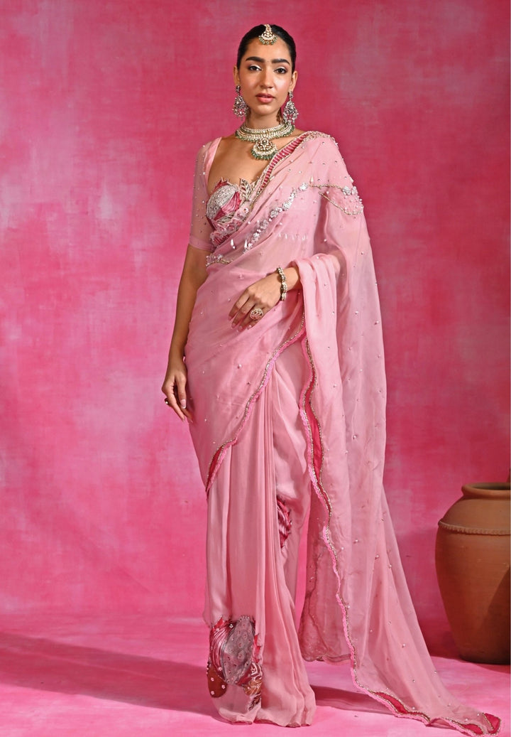 Rishi and Vibhuti Pink Organza Pre-Draped Saree SetFabilicious Fashion
