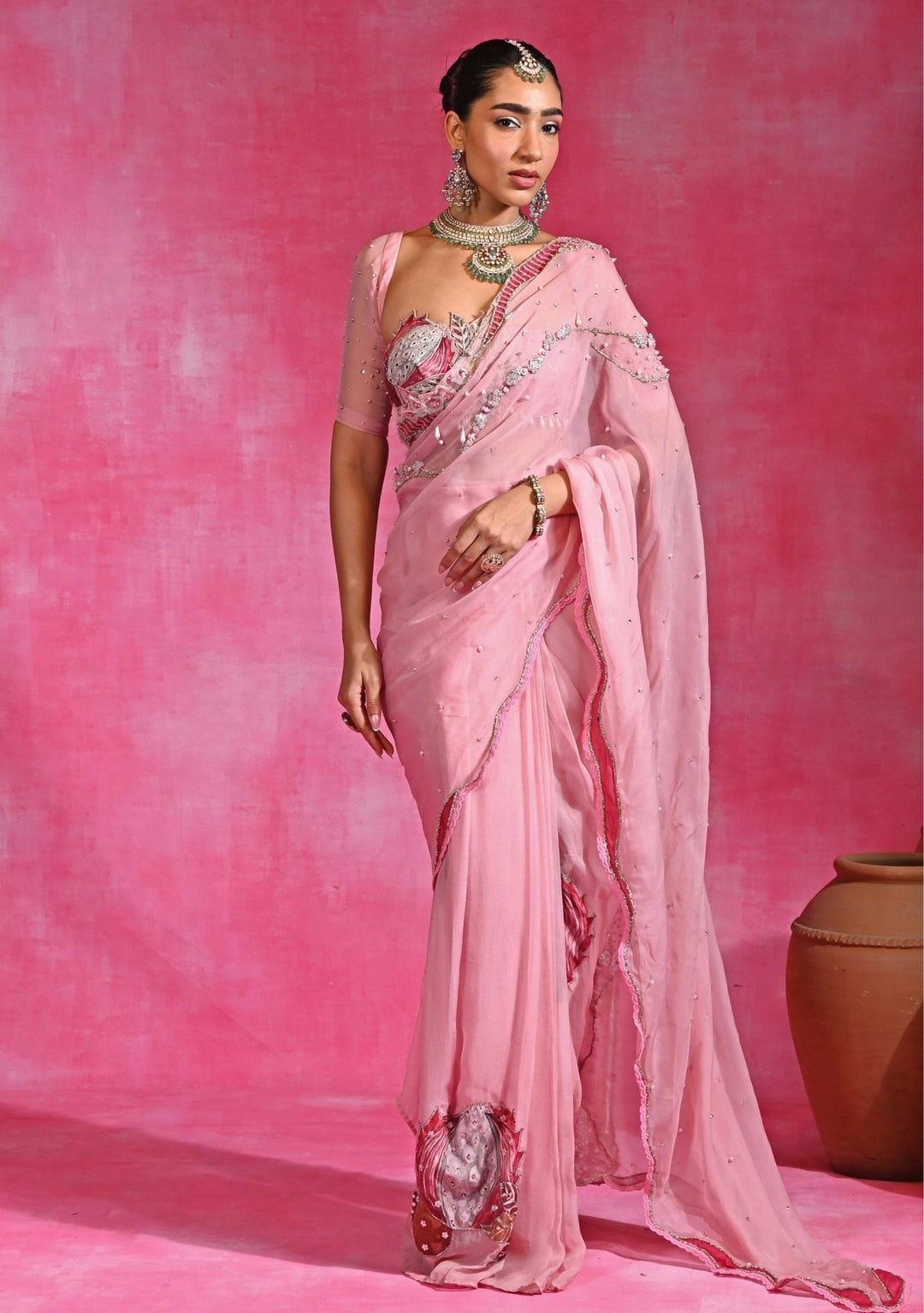 Rishi and Vibhuti Pink Organza Pre-Draped Saree SetFabilicious Fashion