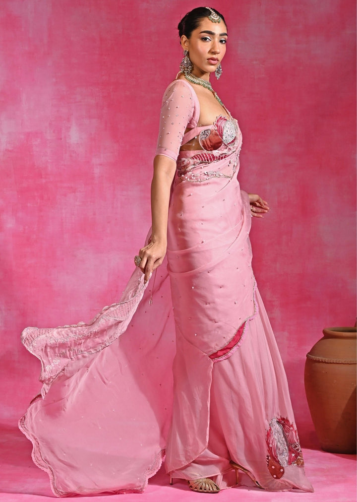 Rishi and Vibhuti Pink Organza Pre-Draped Saree SetFabilicious Fashion