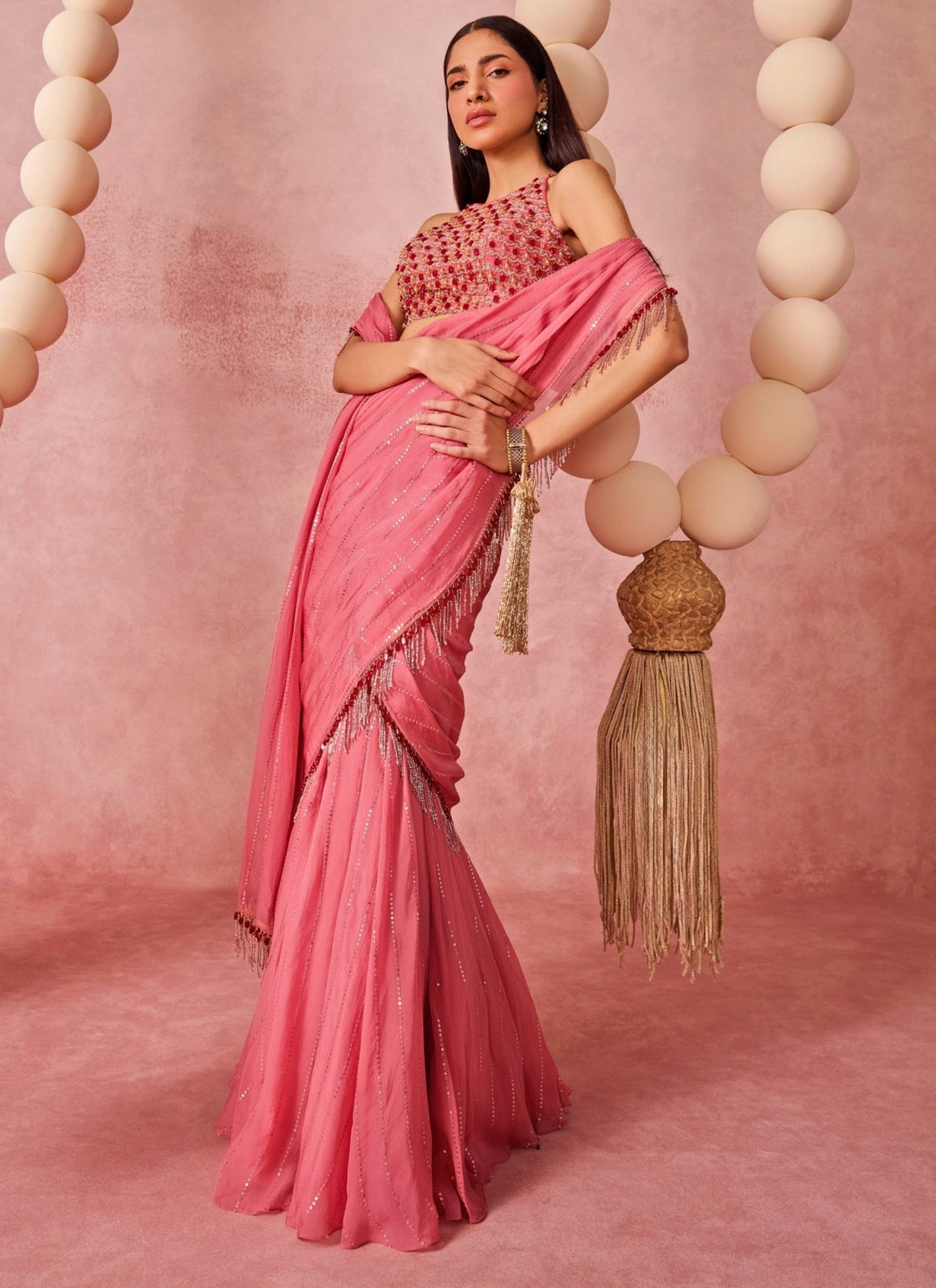 Chamee And Palak Pink Organza Pre-Draped SareeFabilicious Fashion