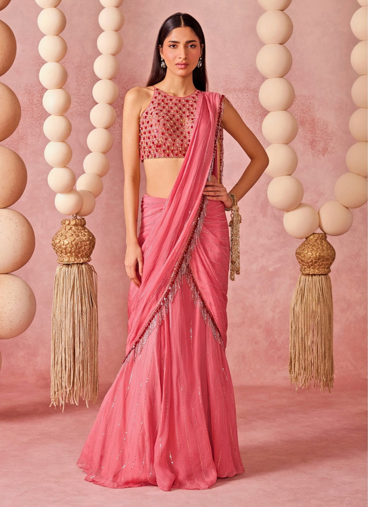 Chamee And Palak Pink Organza Pre-Draped SareeFabilicious Fashion