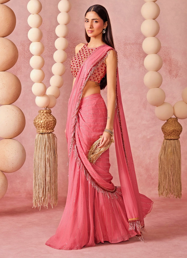 Chamee And Palak Pink Organza Pre-Draped SareeFabilicious Fashion