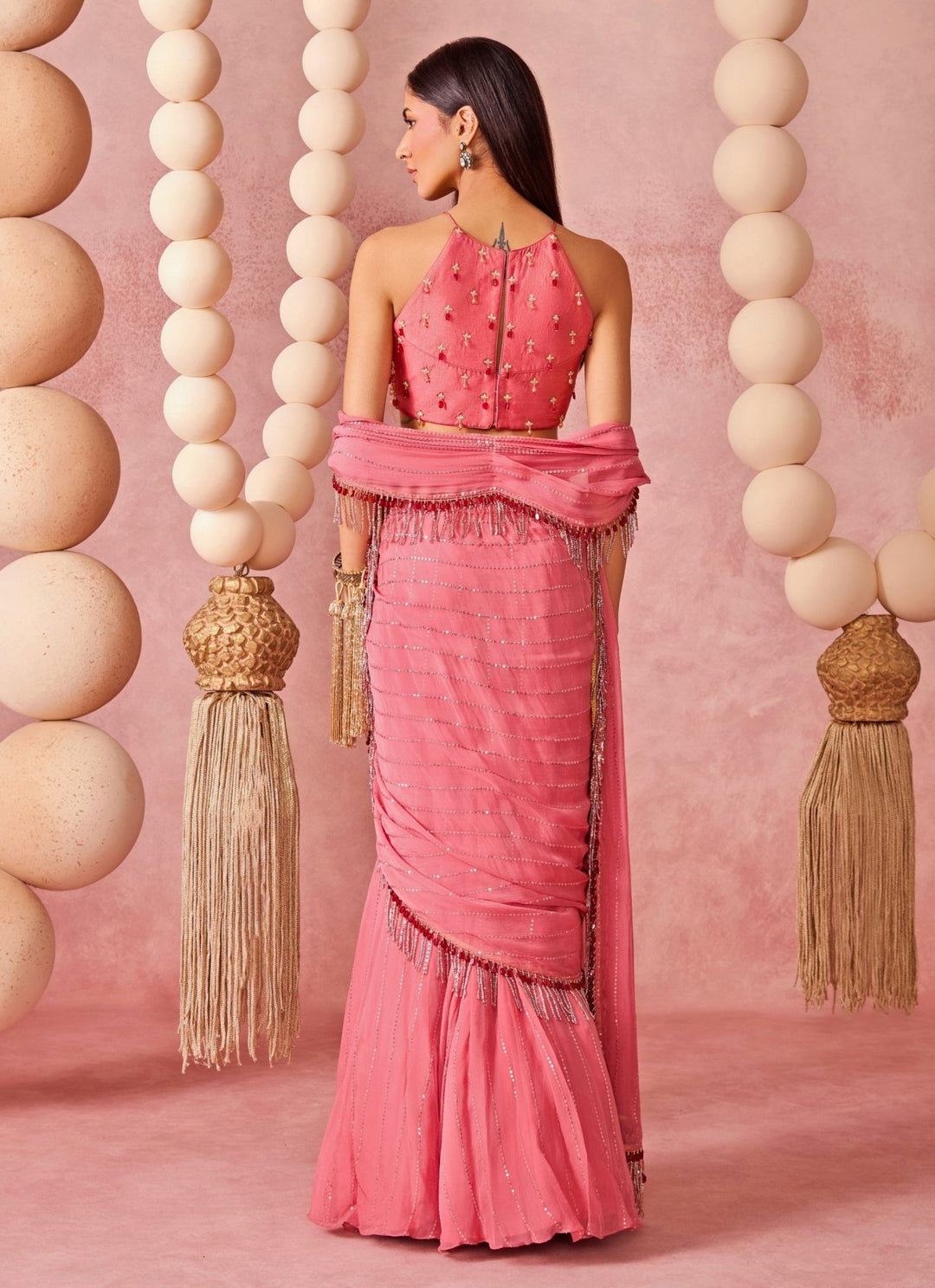 Chamee And Palak Pink Organza Pre-Draped SareeFabilicious Fashion