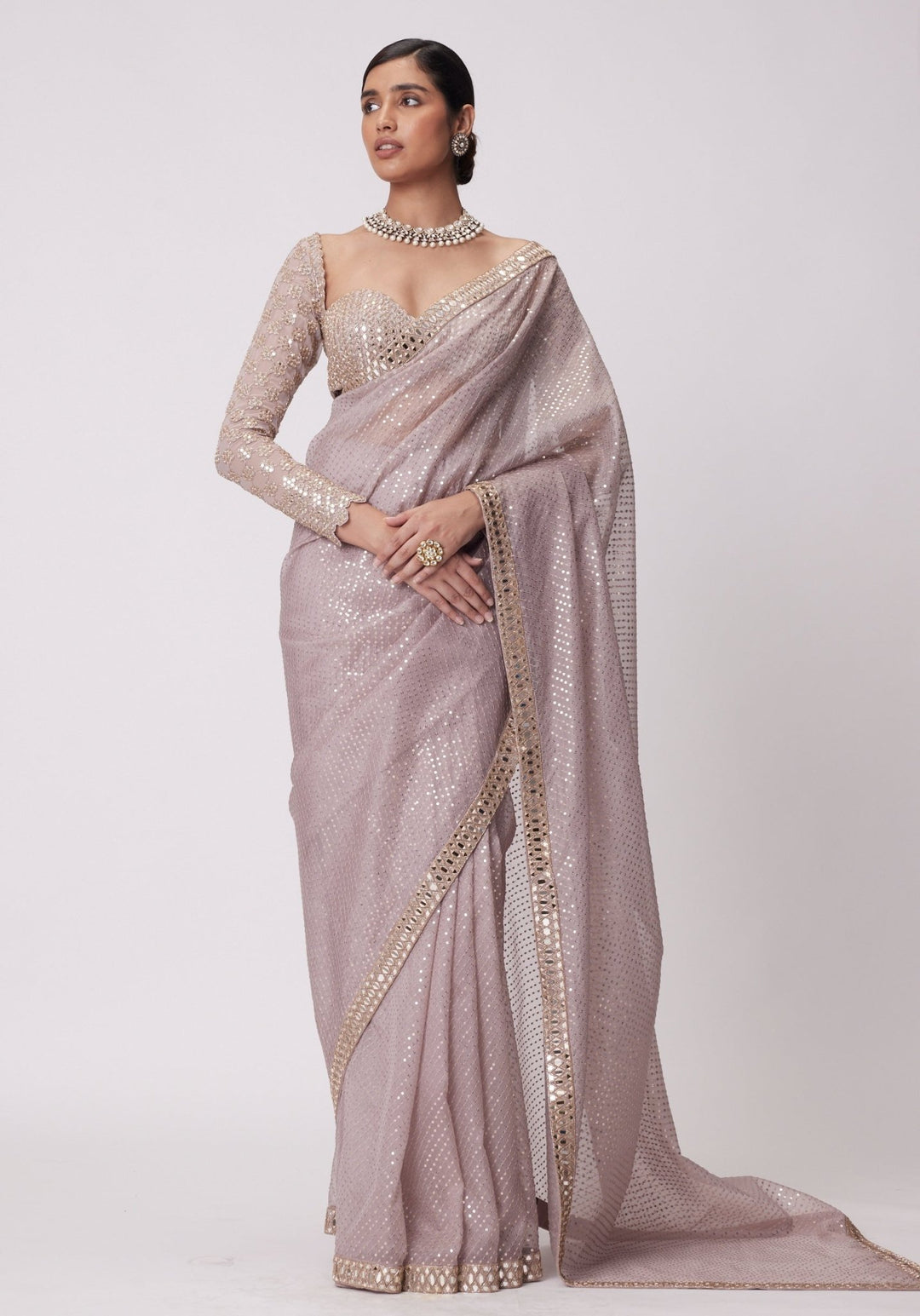 Pink Organza Saree With Embroidered Full Sleeves Blouse Vvani by Vani Vats - Fabilicious Fashion