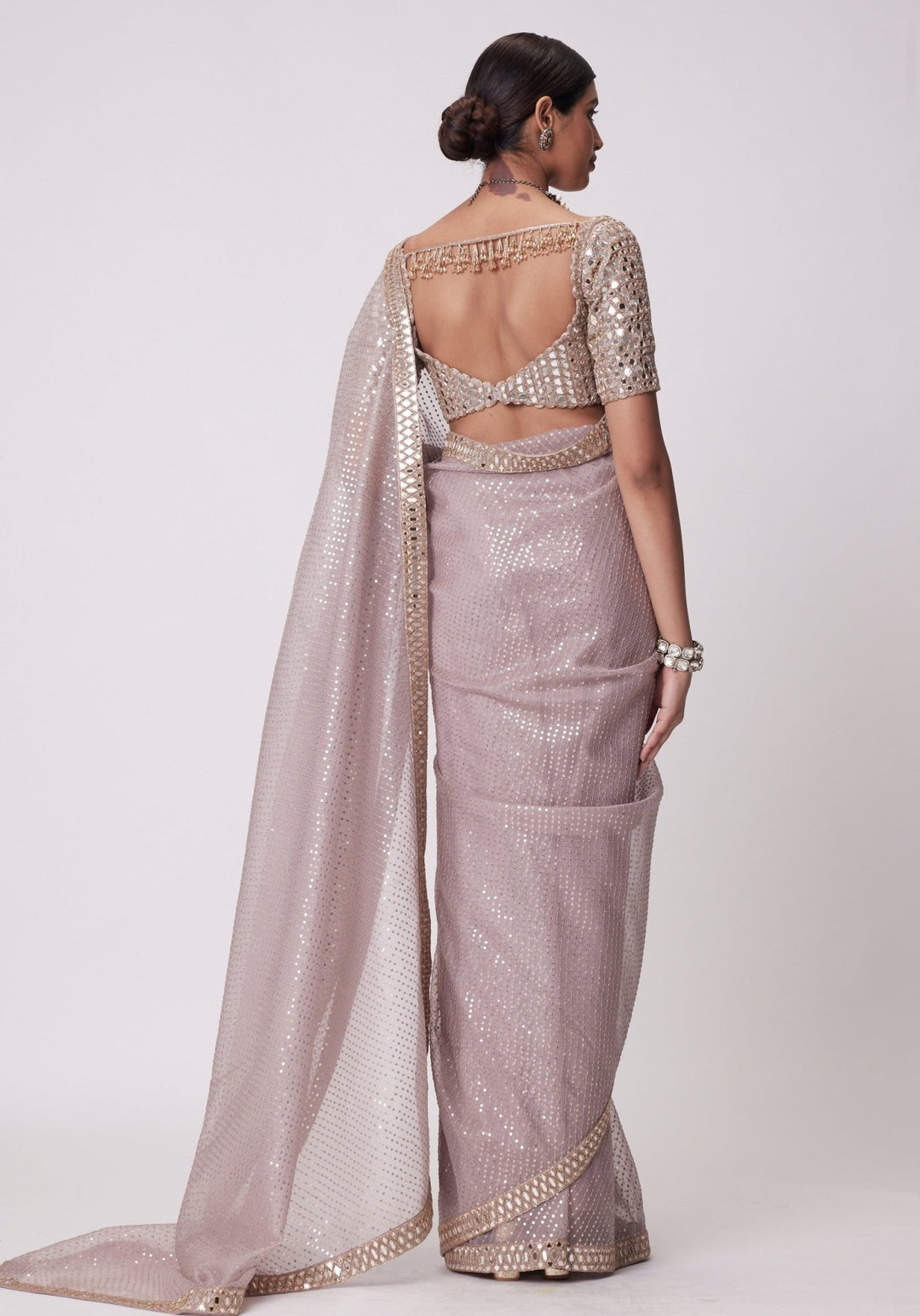 Pink Organza Saree With Embroidered Mirror Blouse Vvani by Vani Vats - Fabilicious Fashion