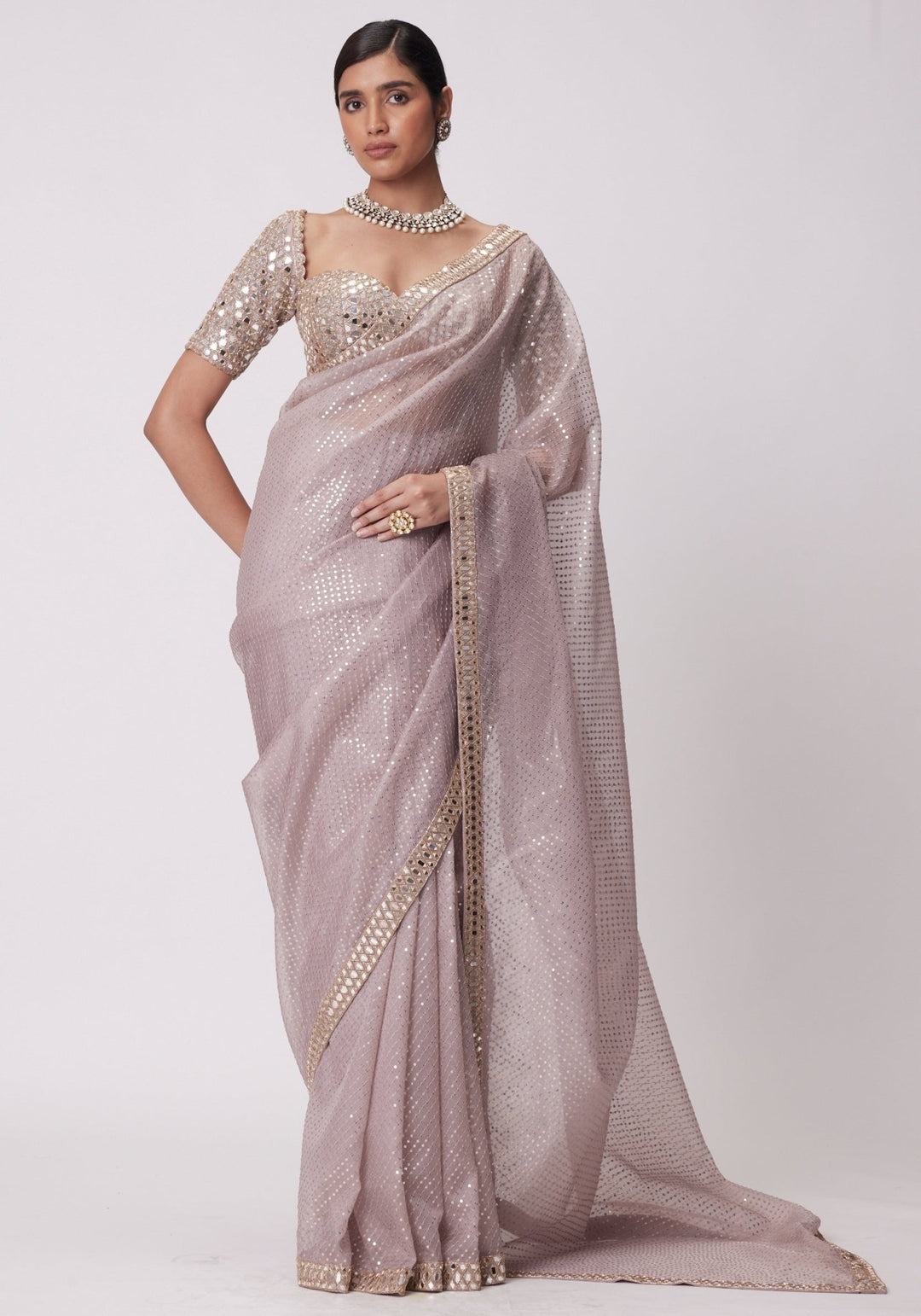 Pink Organza Saree With Embroidered Mirror Blouse Vvani by Vani Vats - Fabilicious Fashion