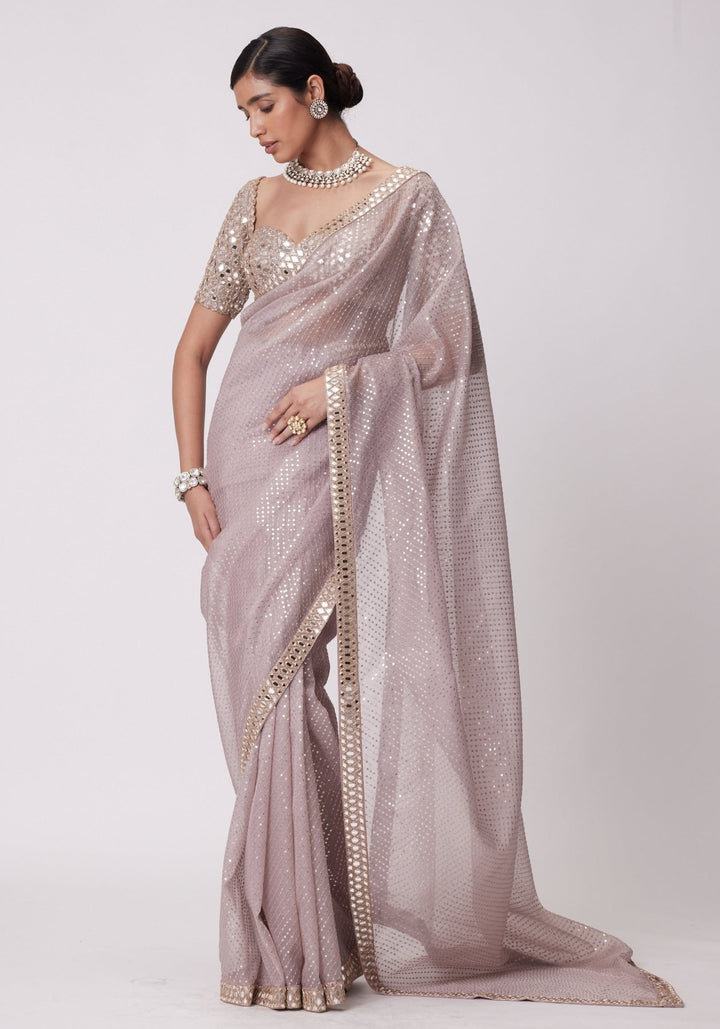 Pink Organza Saree With Embroidered Mirror Blouse Vvani by Vani Vats - Fabilicious Fashion