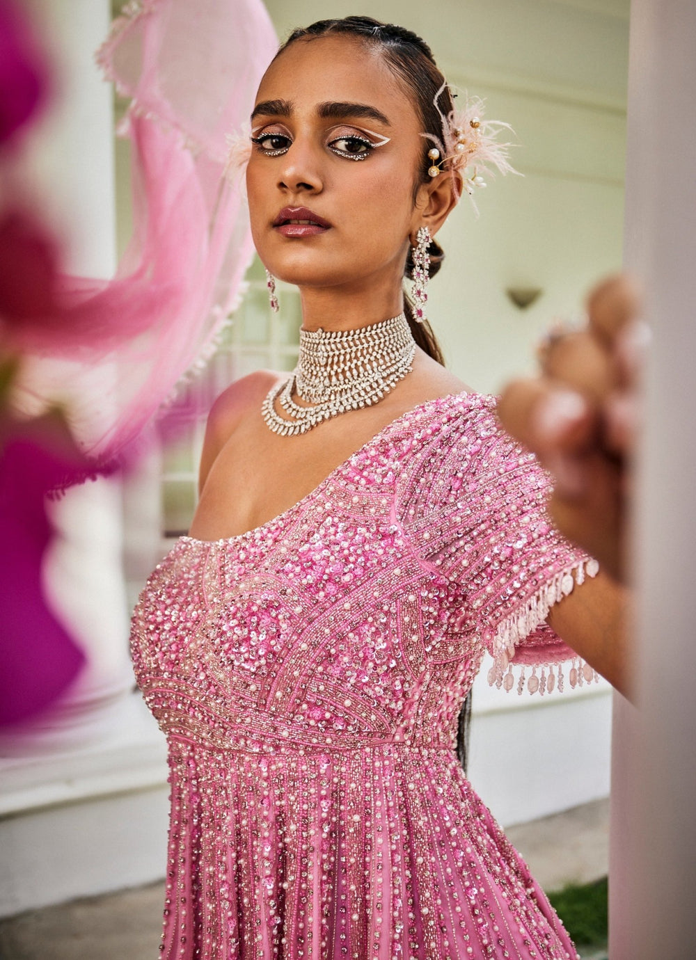 Pink Pearl Embroidered One Shoulder Peplum Kurta Set Mani Bhatia - Fabilicious Fashion