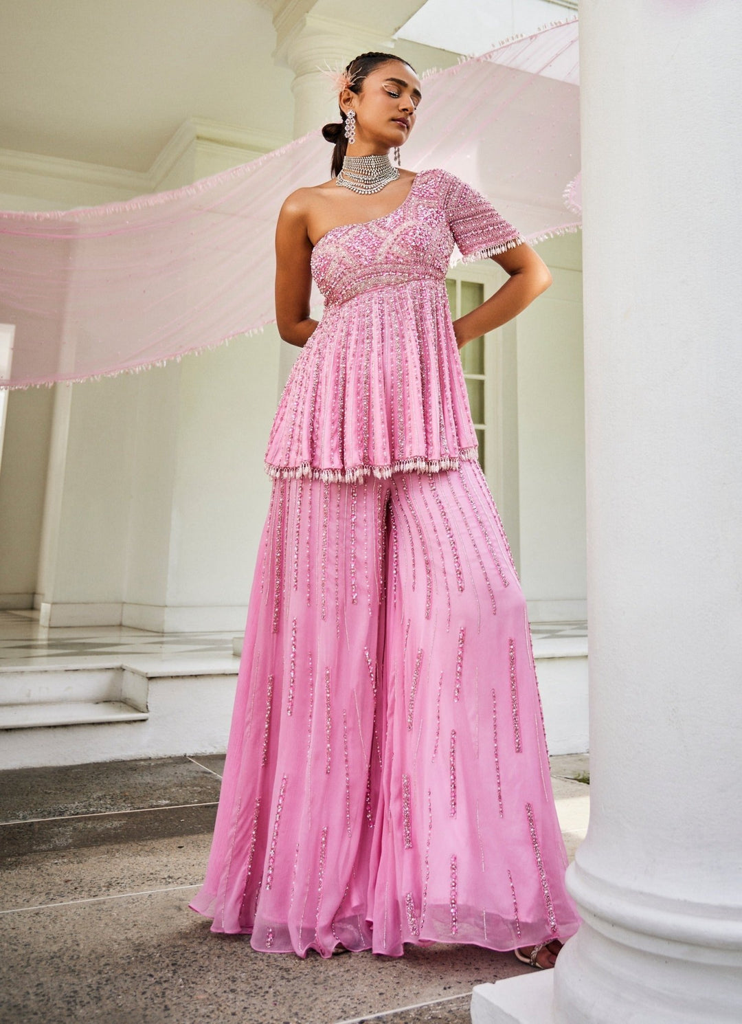 Pink Pearl Embroidered One Shoulder Peplum Kurta Set Mani Bhatia - Fabilicious Fashion