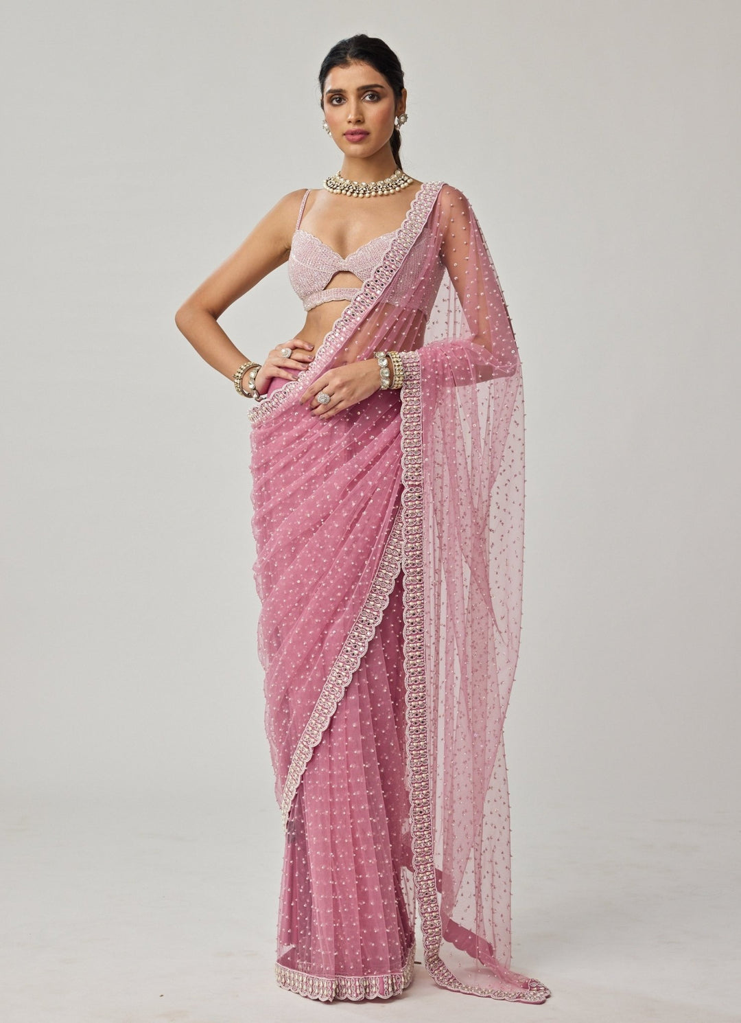 Pink Pearl Scattered Soft Net Saree Set Vvani by Vani Vats - Fabilicious Fashion