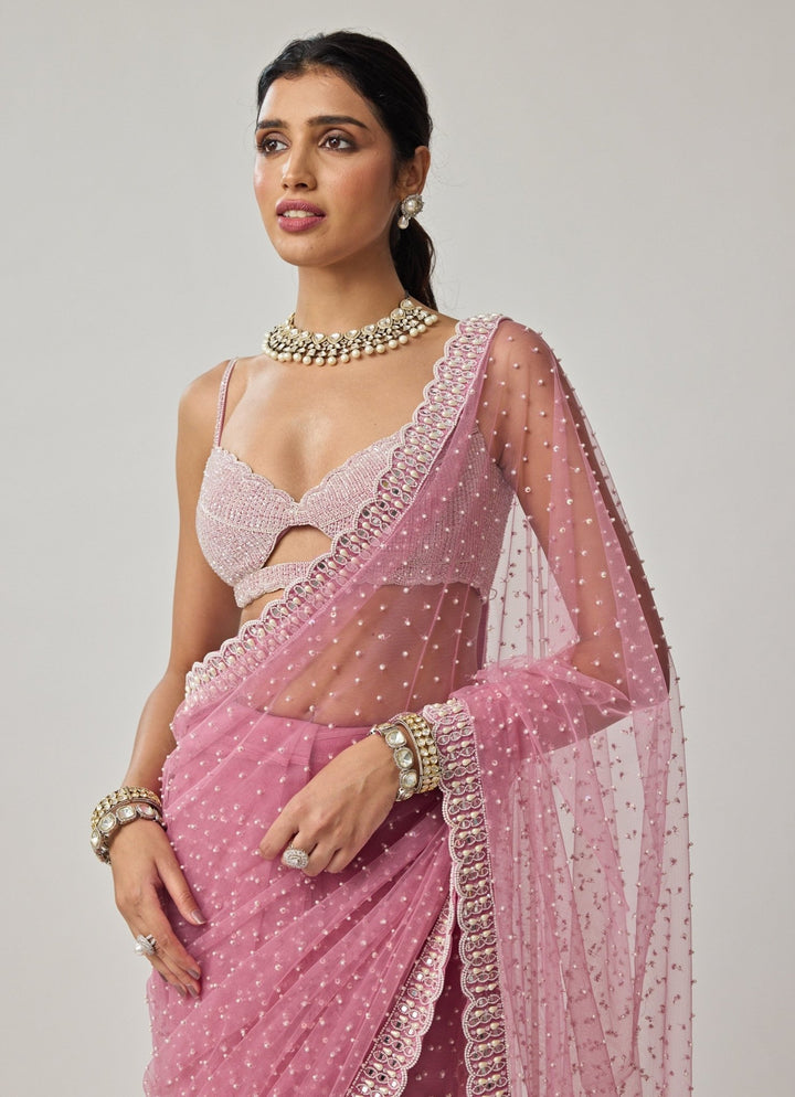 Pink Pearl Scattered Soft Net Saree Set Vvani by Vani Vats - Fabilicious Fashion