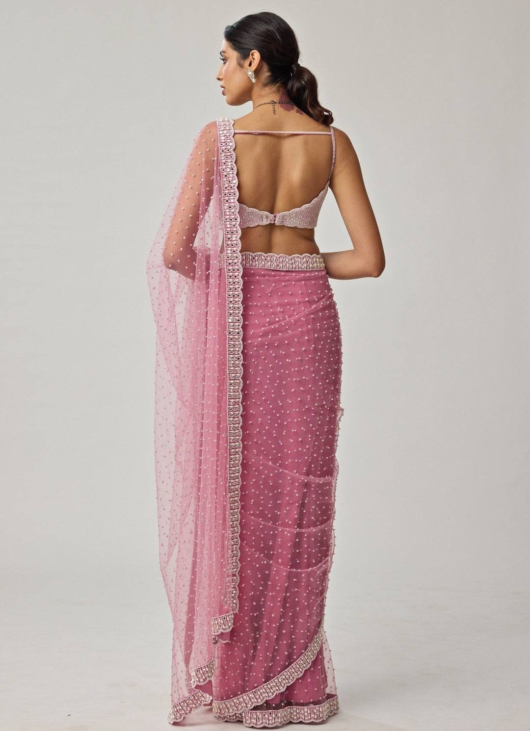 Pink Pearl Scattered Soft Net Saree Set Vvani by Vani Vats - Fabilicious Fashion