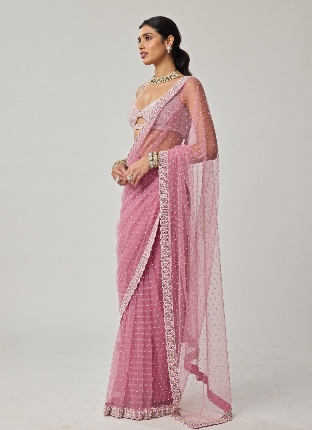Pink Pearl Scattered Soft Net Saree Set Vvani by Vani Vats - Fabilicious Fashion